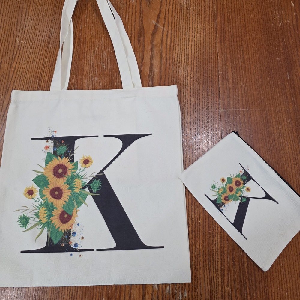 Sunflower Initial Canvas Tote and Pouch Set